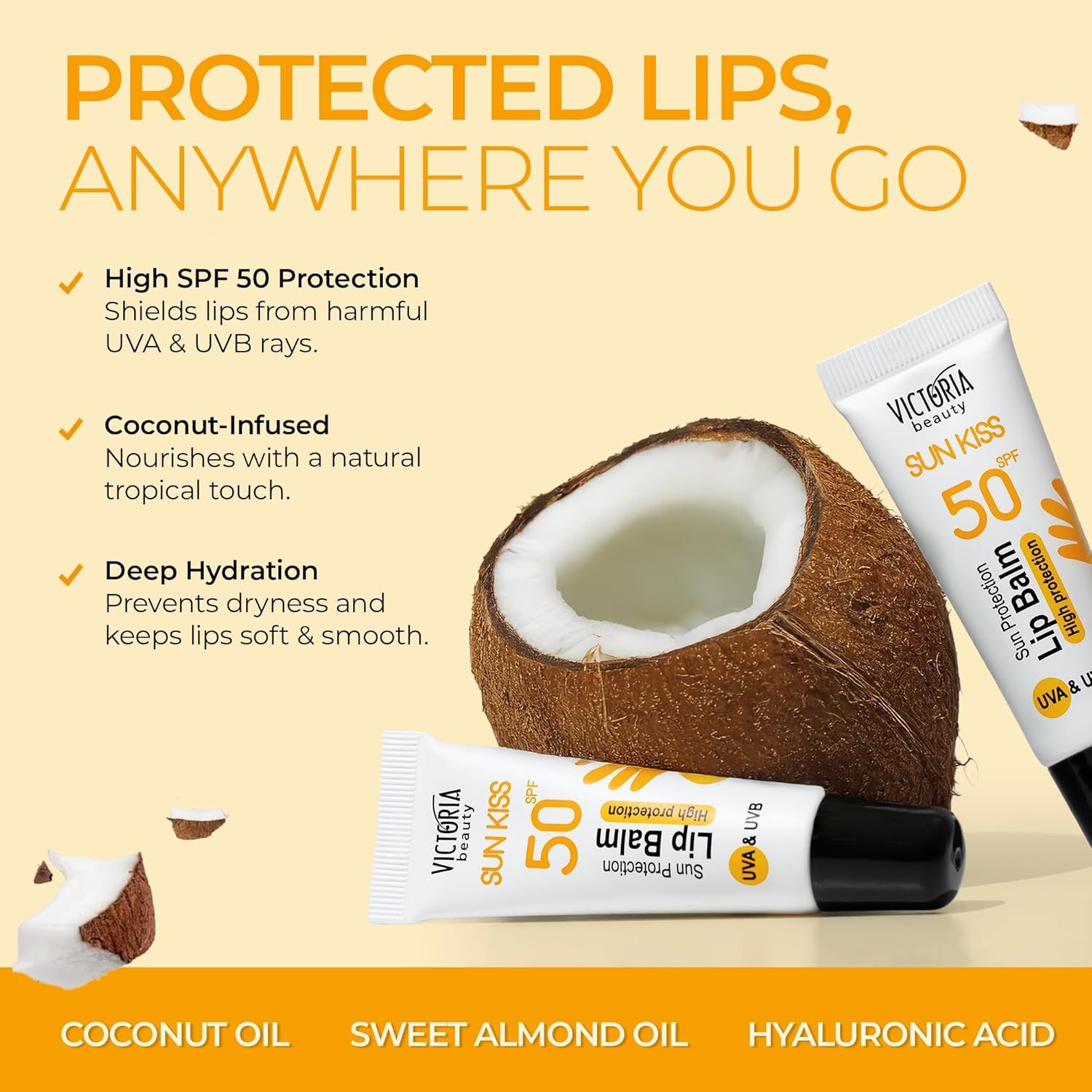 Balsamo labbra Victoria Beauty, SPF 50. Due tubi e cocco. Testo: SPF 50, estratto di cocco, idratazione profonda.