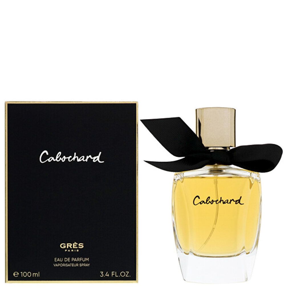 Gres Cabochard Eau de Parfum Vaporizzatore con scatola nera e fiocco sul flacone.