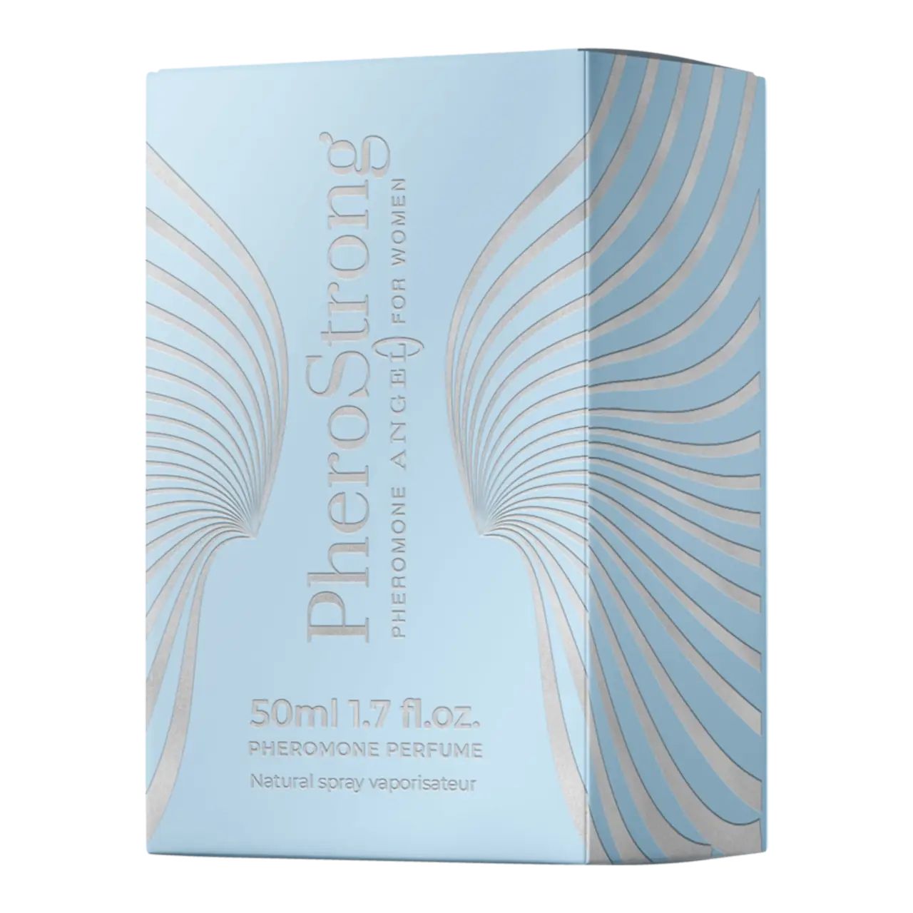 Confezione azzurra con scritta: PheroStrong, Pheromone Angel for Women, 50ml, Pheromone Perfume.
