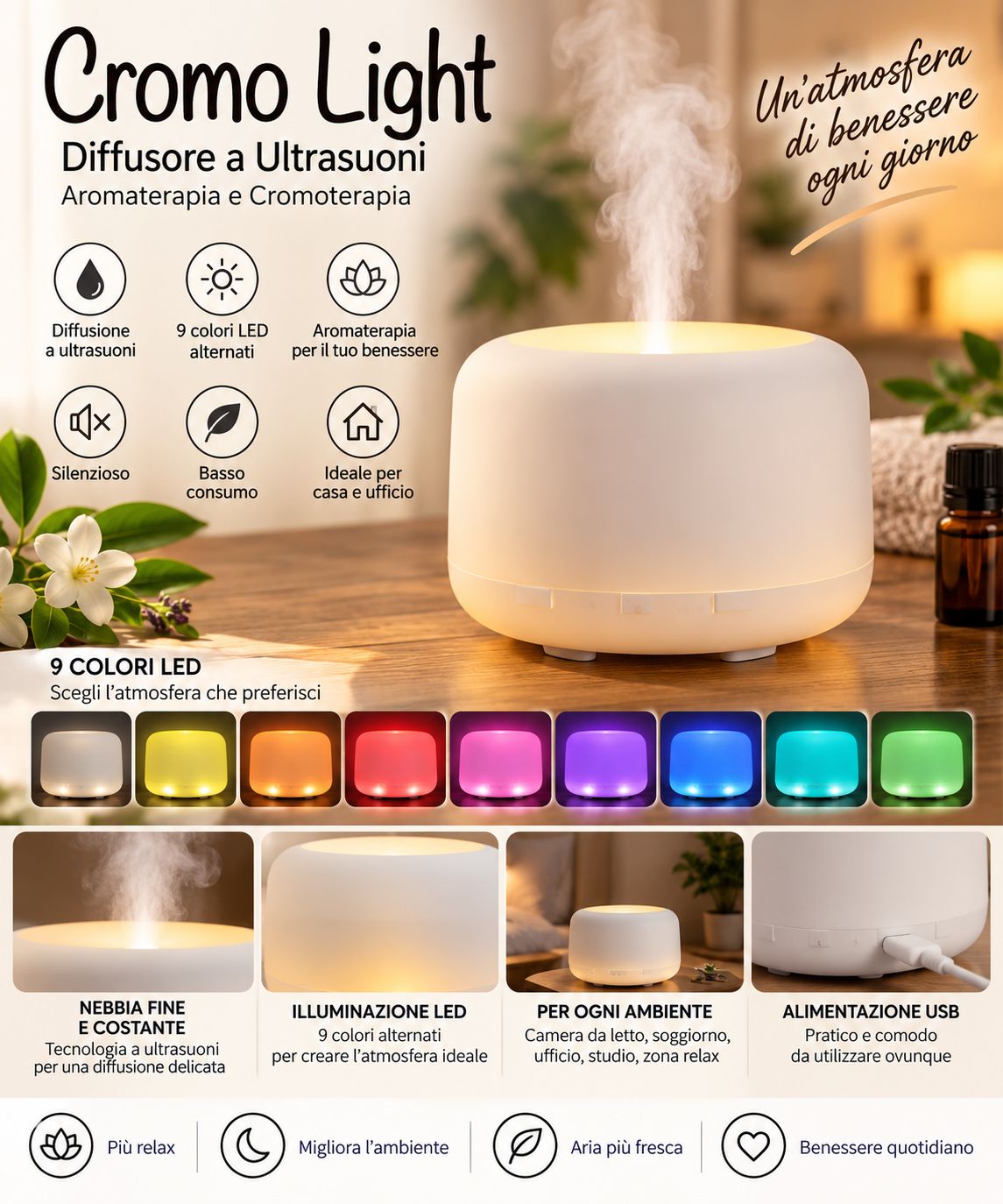 Diffusore a ultrasuoni bianco con 9 opzioni LED colorate e uscita vapore.