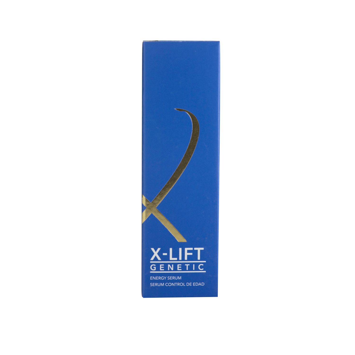 Confezione blu con logo dorato. Scritta: X-Lift Genetic Energy Serum. Forma rettangolare.