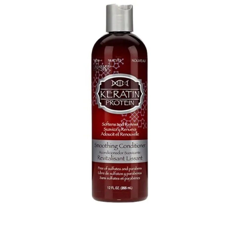Flacone marrone con tappo argentato. Scritta: Keratin Protein Smoothing Conditioner. Contiene 12 FL. OZ. (355 ml).