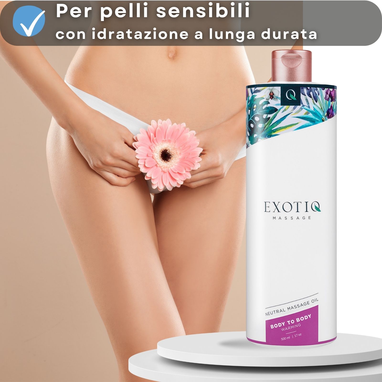 Donna con fiore, flacone di olio per massaggio. Testo: Body to Body Warming.