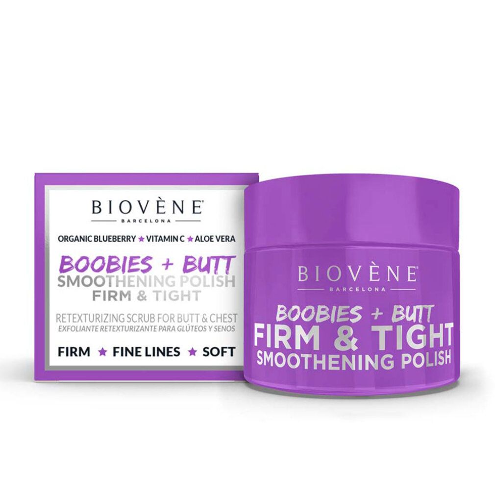 Vaso e scatola viola. Marchio Biovene. Prodotto: Smoothening Polish Firm & Tight. Testo: Boobies + Butt. Esfoliante.