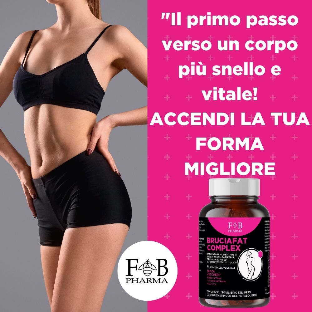 Una donna in abbigliamento sportivo accanto a una bottiglia di "BRUCIAFAT COMPLEX" di F&B Pharma.