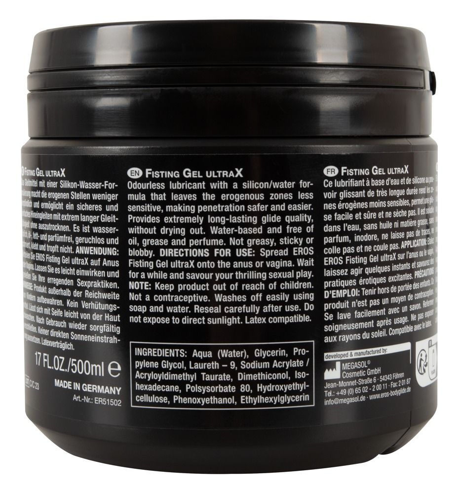 Contenitore nero con scritta EROS Ultra X Fisting Gel e marchio CE.