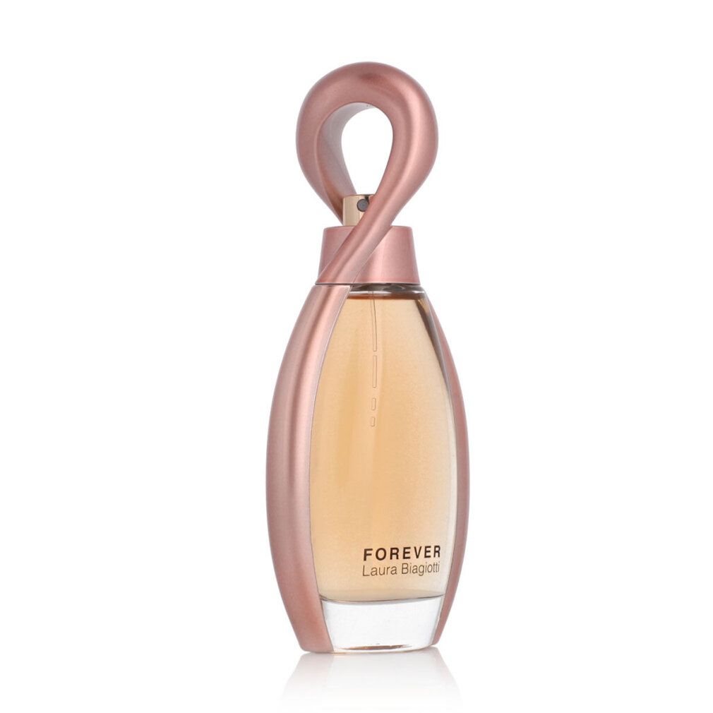 Flacone di profumo con tappo oro rosa. Flacone con scritta Forever. Corpo del flacone ovale.