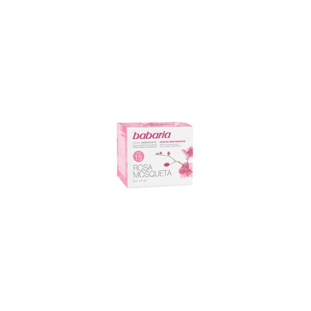 Scatola di crema Rosa Mosqueta con logo e nome del prodotto. Confezione rosa e bianca.