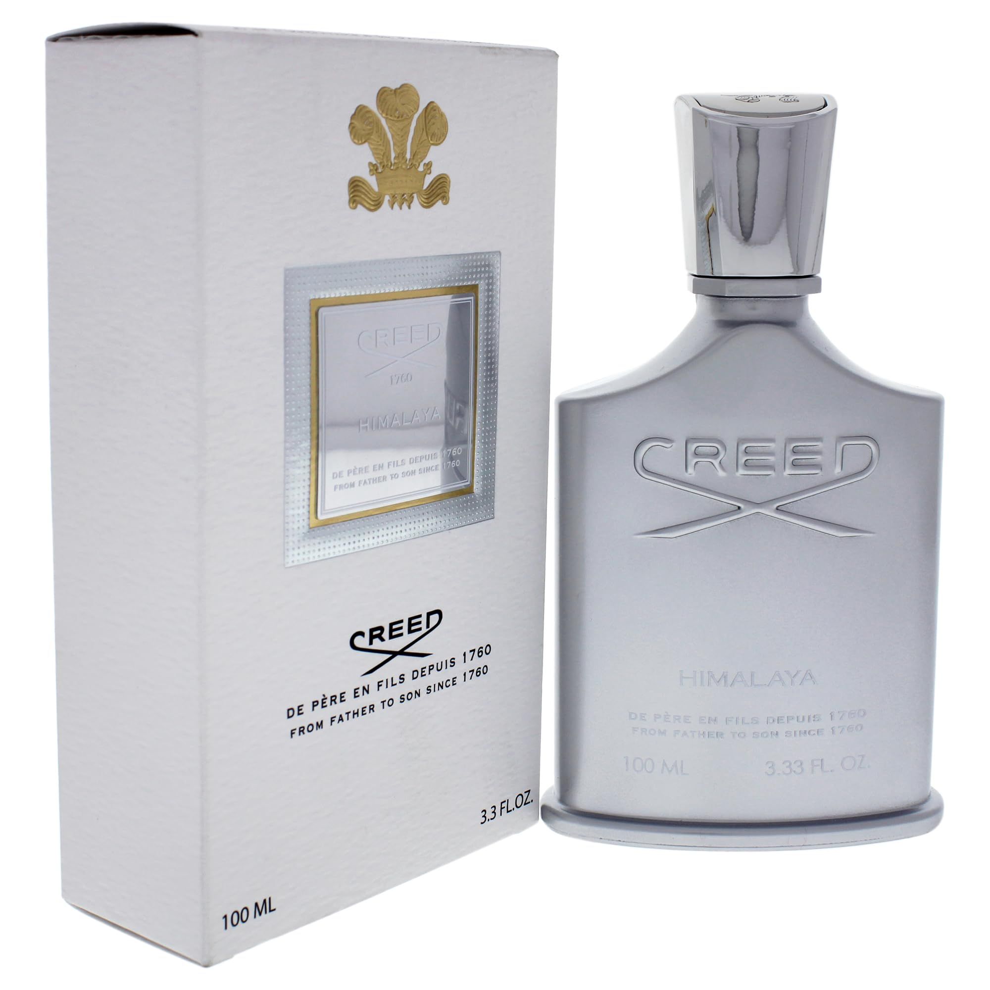 Flacone e confezione grigi. Scritta CREED HIMALAYA. Confezione con logo e testo.