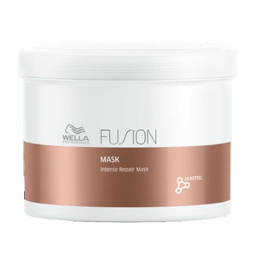 Vaso bianco con fascia marrone. Scritta: Wella Fusion Mask. Logo e simbolo Silkteel.