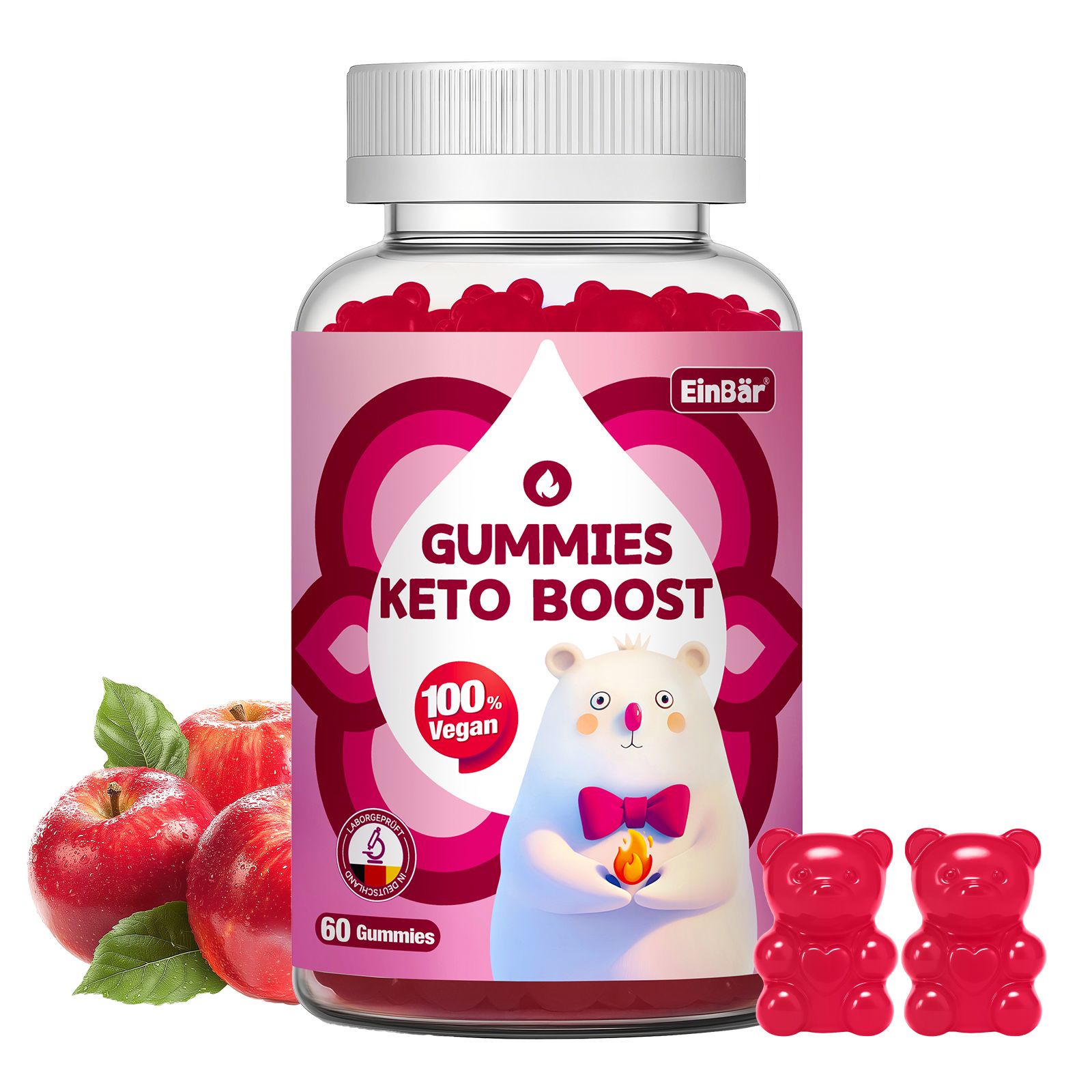 Flacone da 60 caramelle gommose rosse, scritta "Gummies Keto Boost", 100% Vegan.