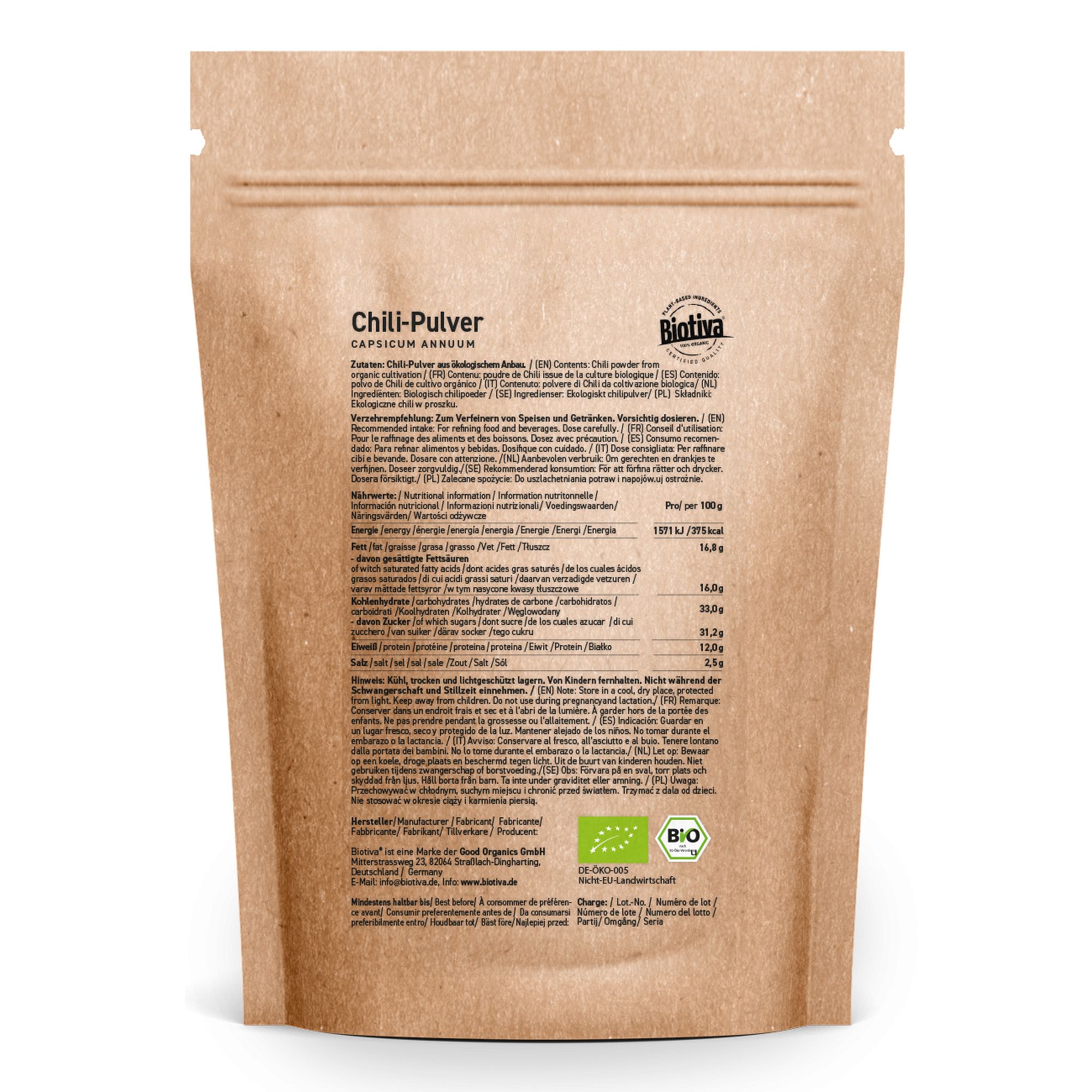 Polvere di peperoncino Biotiva in confezione di carta marrone. Testo ed etichetta bio.