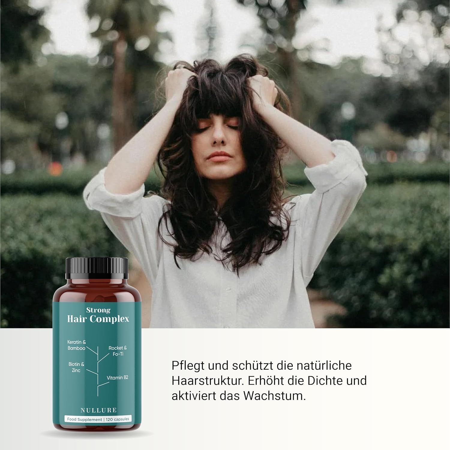 Donna con capelli lunghi e flacone. Scritta: Strong Hair Complex. Contiene cheratina, bambù, biotina, zinco, vitamina B2. Protegge.