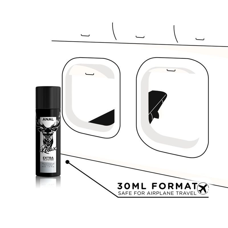 Flacone nero "ANAL Relax Extra Dilatation" vicino ai finestrini. Formato 30 ml, sicuro in aereo.