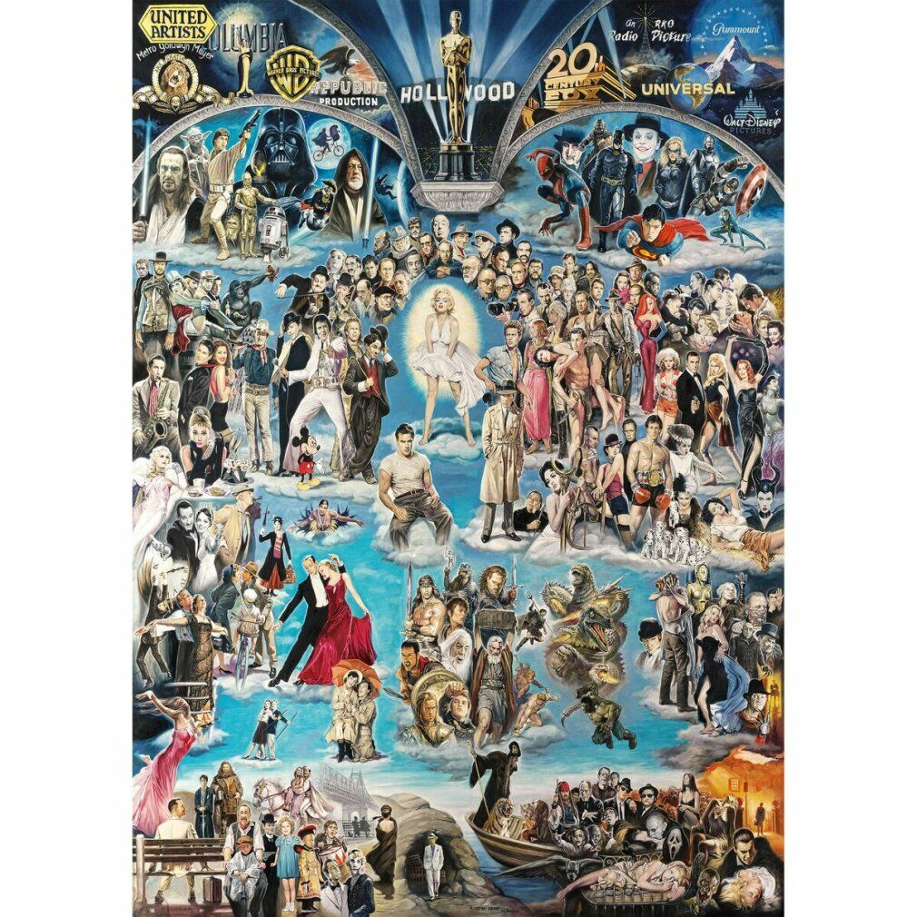 Puzzle Hollywood. Rappresentazione di star del cinema. Loghi di marchi e scritte di studi cinematografici visibili.