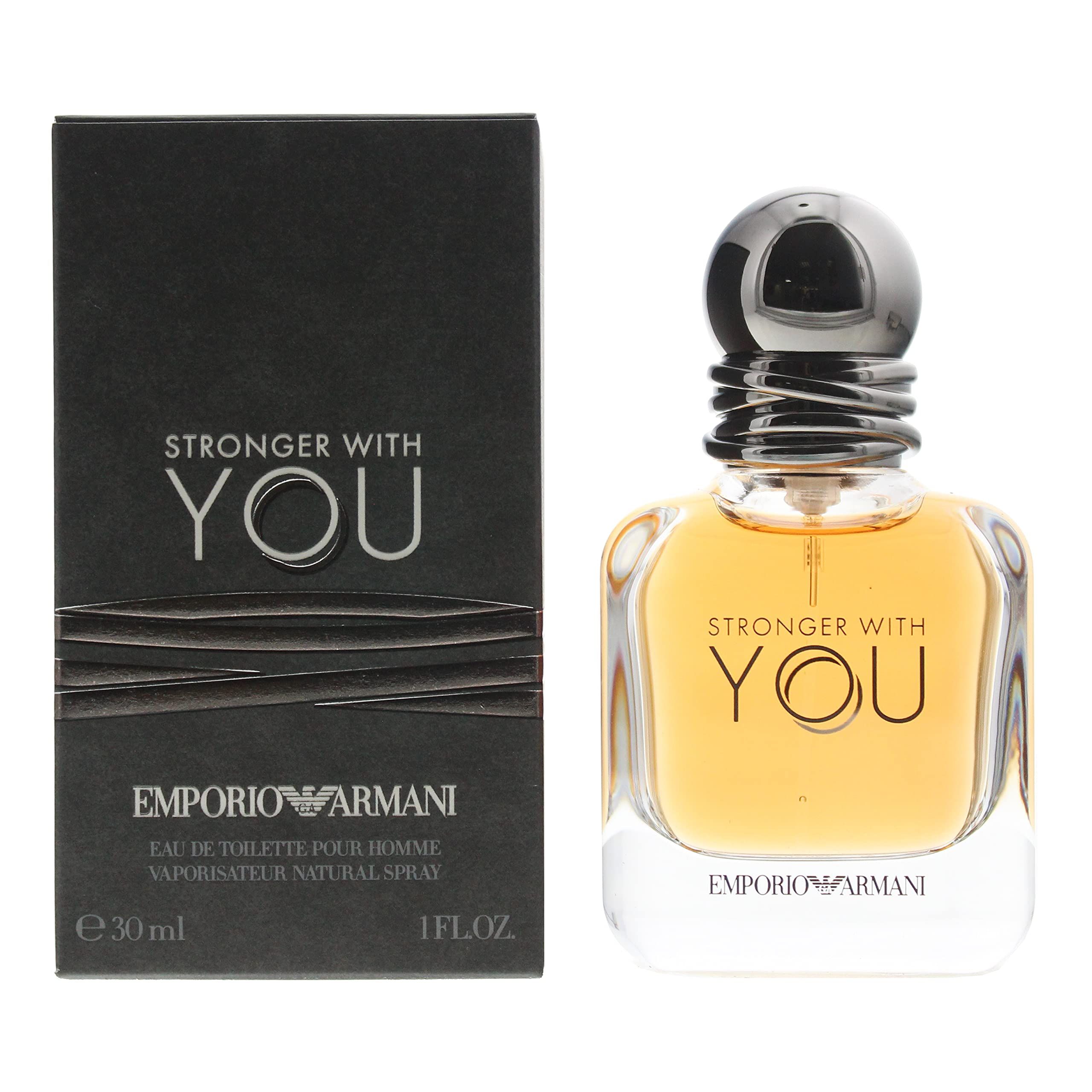 Flacone e scatola. Scritta "Stronger With You" e "Emporio Armani". Flacone con tappo nero.
