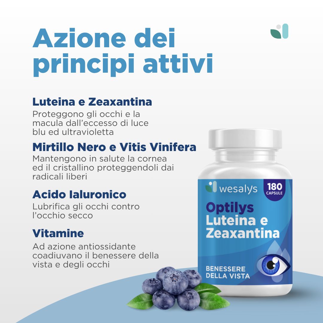 Flacone Optilys Luteina e Zeaxantina. Mirtilli accanto. Testo: Luteina e Zeaxantina, Mirtillo e Vitis Vinifera, Acido Ialuronico, Vitamine.