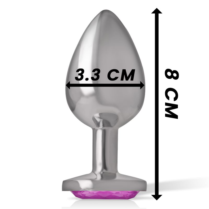 Plug anale Intense in metallo con strass rosa, confronto dimensioni.
