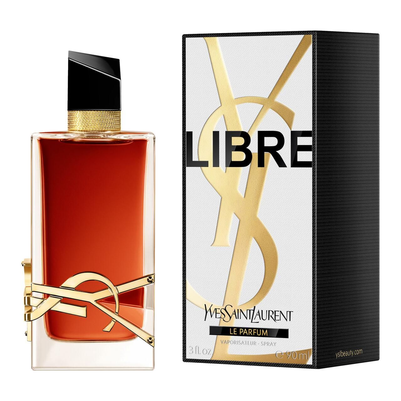 Flacone di profumo accanto alla confezione. Flacone con logo dorato, tappo nero. Confezione con logo e scritta.