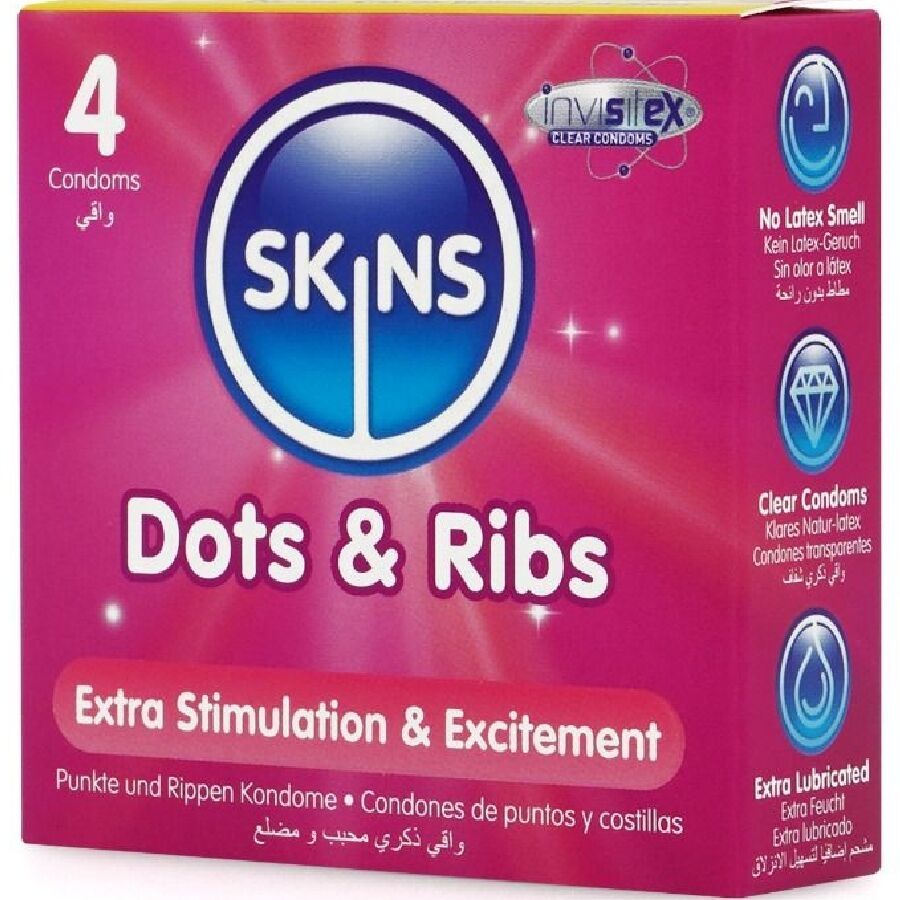 Confezione di 4 preservativi SKINS Dots & Ribs. Scritta: Extra Stimulation & Excitement.