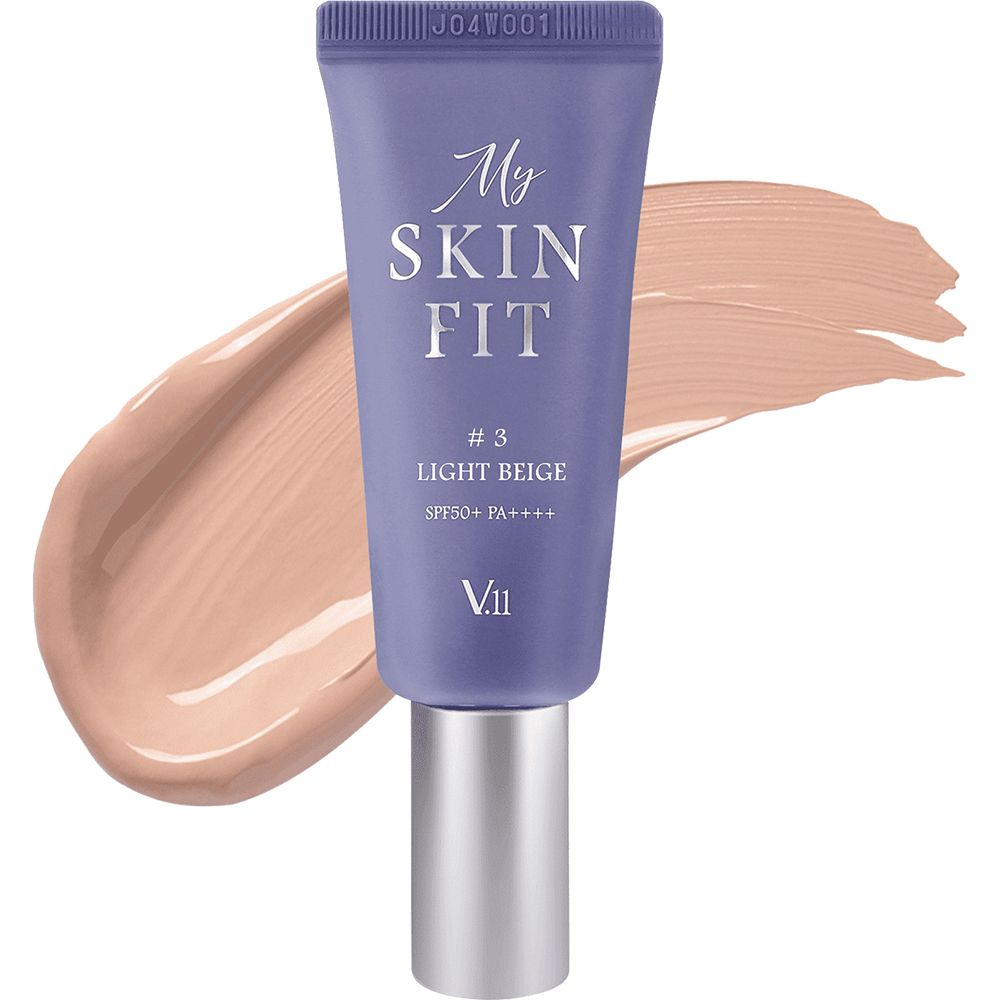 Tubo di BB Cream lilla, 'My Skin Fit #3 Light Beige SPF50+ PA++++'. Accanto, macchia di crema.