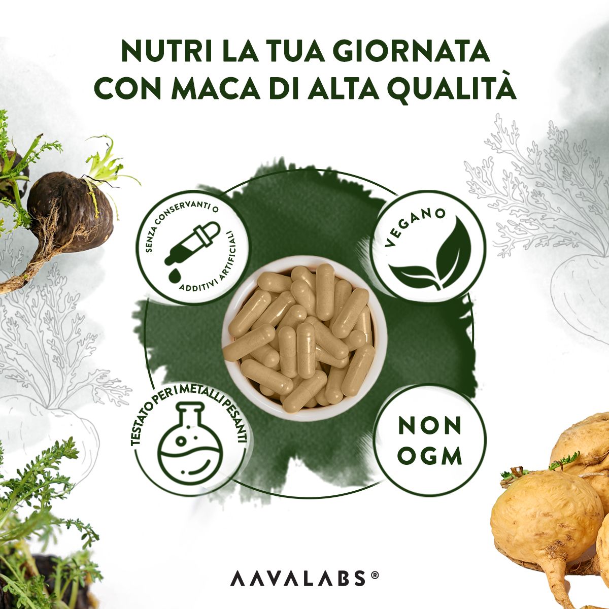 Ciotola di capsule circondata da simboli. Vegano, senza OGM, senza leganti, testato per metalli pesanti.