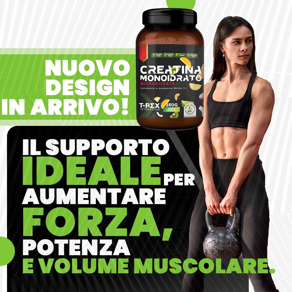 Donna con kettlebell accanto al testo: Supporto ideale per aumentare forza, potenza e volume muscolare. Barattolo Creatina.