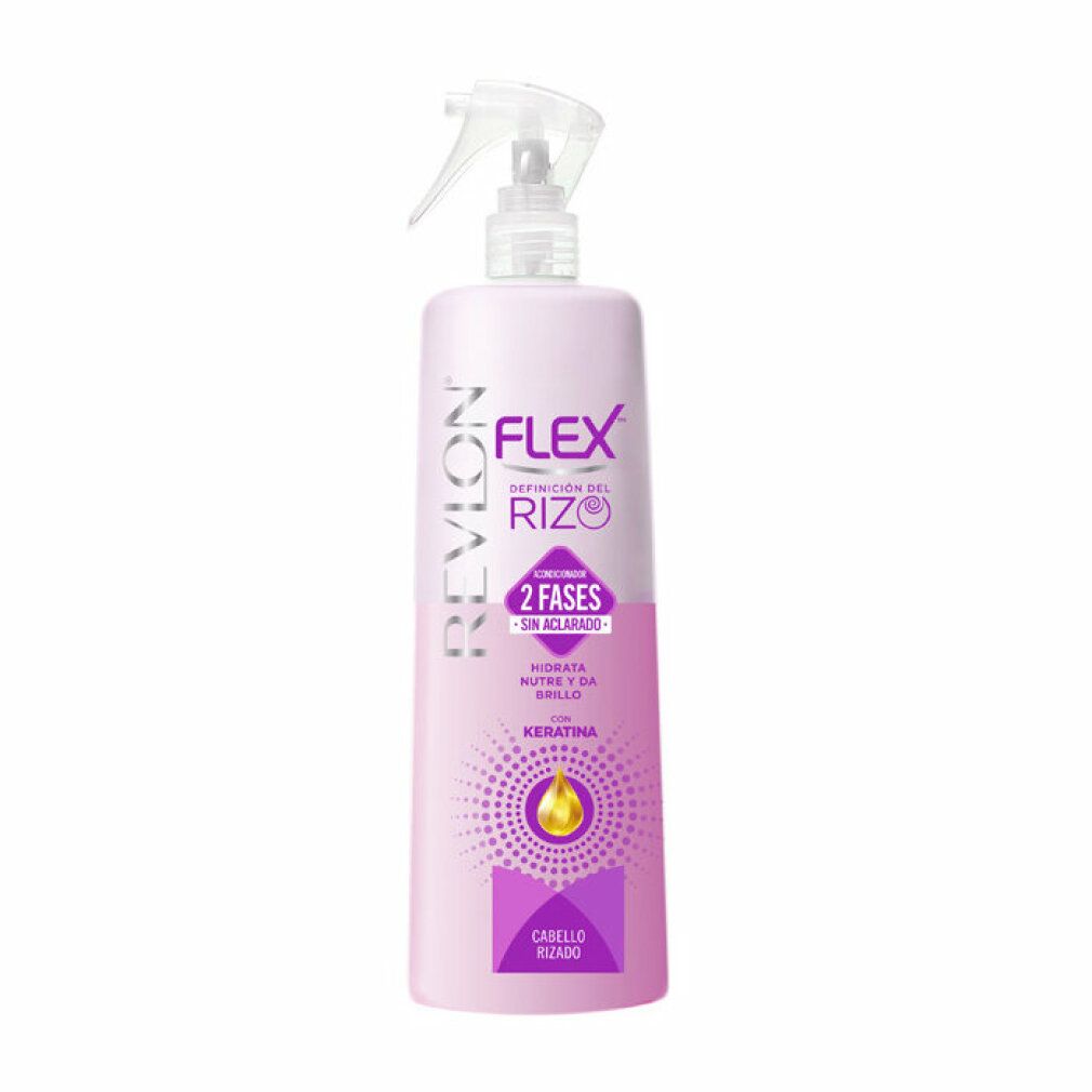 Spray per capelli Revlon Flex, flacone rosa con spruzzatore. Scritte: Flex, 2 fasi, cheratina. Per capelli ricci.