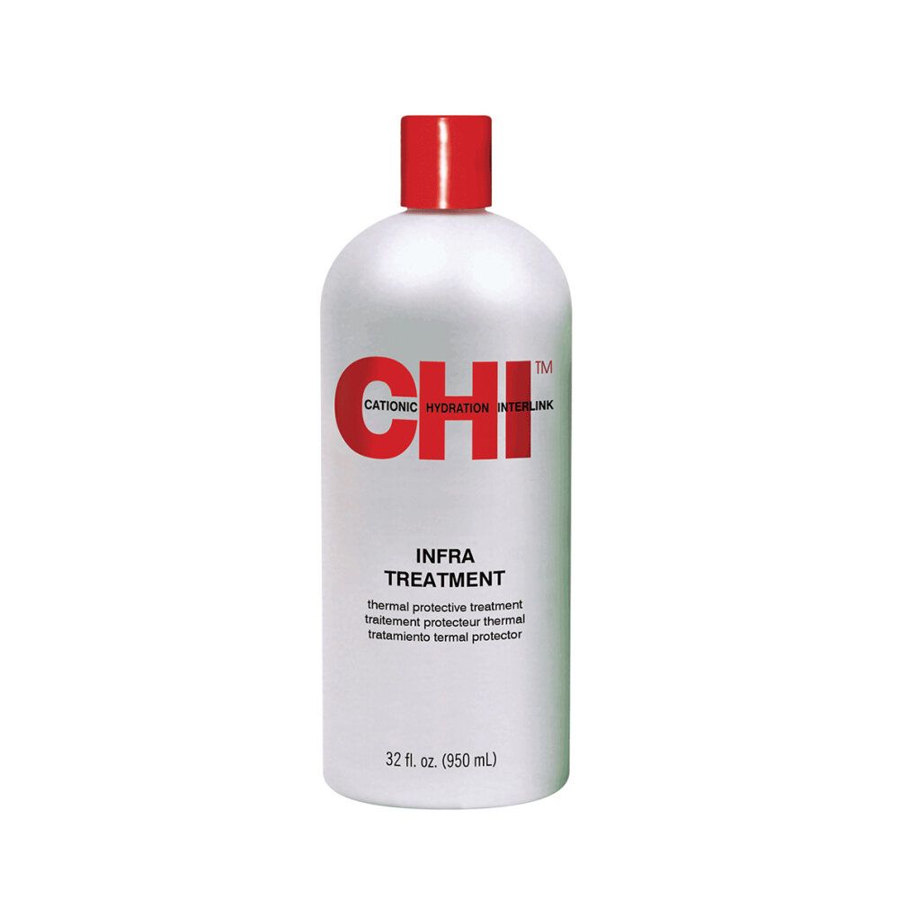 Flacone bianco, tappo rosso. Scritta CHI rossa e nome del prodotto. Testo: Infra Treatment, 32 fl. oz. (950 ml).