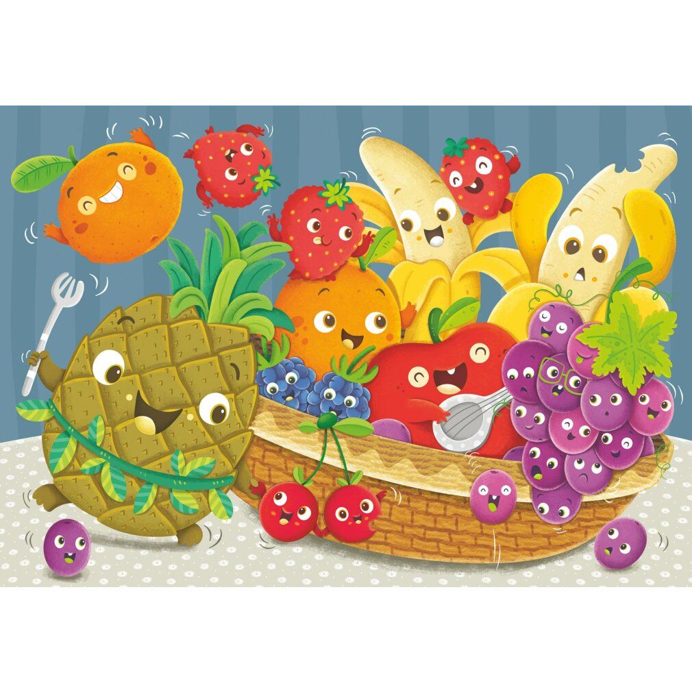 Puzzle con motivo di frutta. Diversi tipi di frutta con facce. Senza confezione.