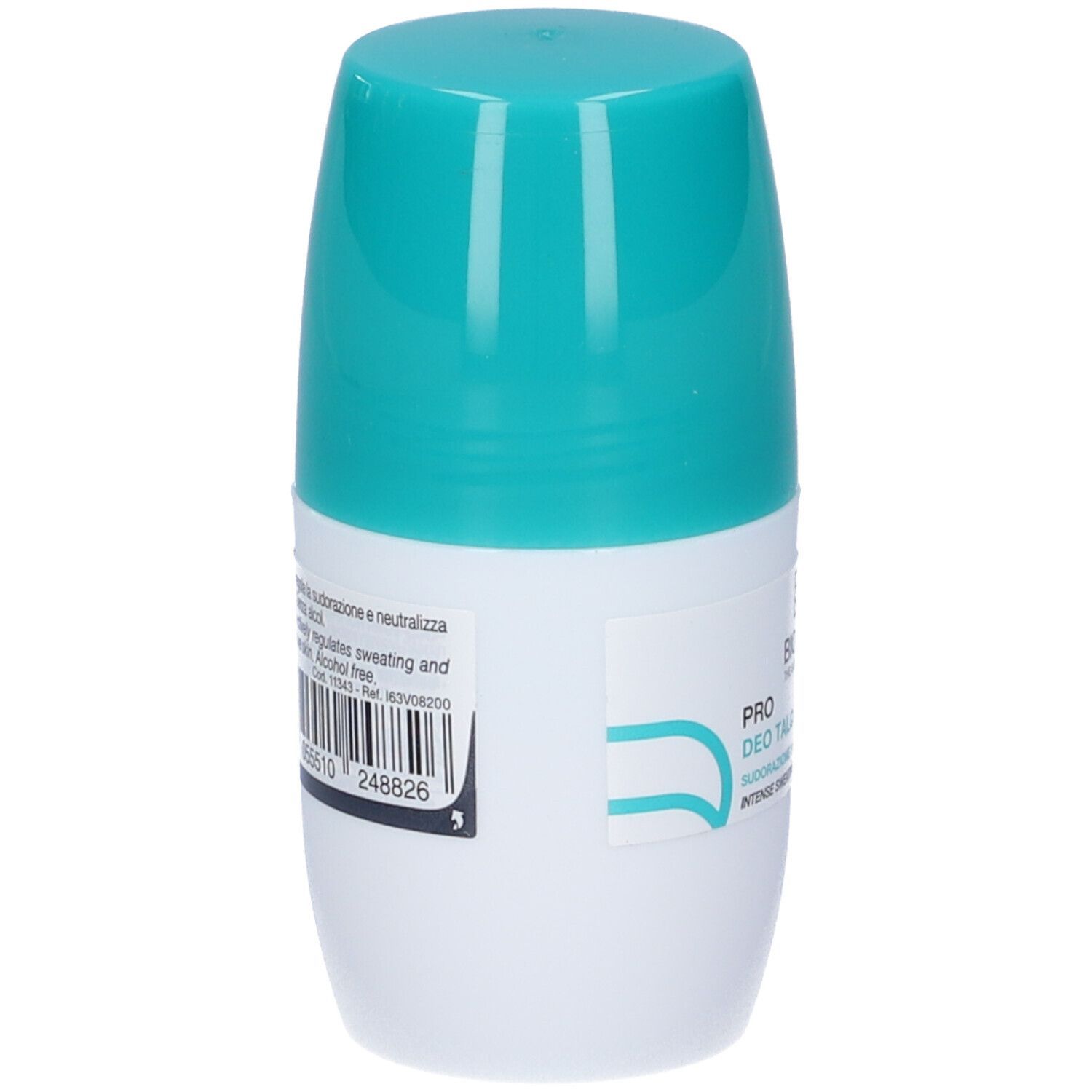 Deodorante roll-on bianco con tappo turchese. Contiene testo e codice a barre.