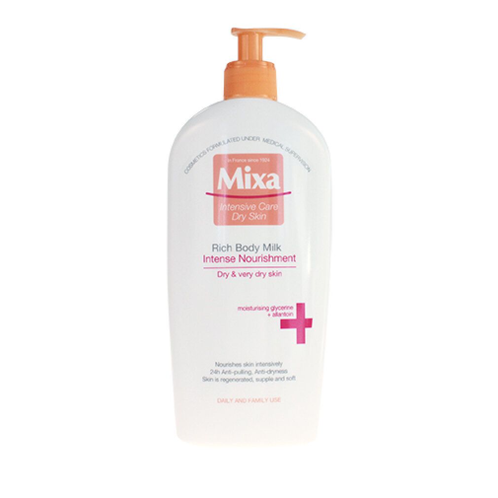 Flacone bianco con erogatore arancione. Scritta: Mixa, Intensive Care, Rich Body Milk, Intense Nourishment.