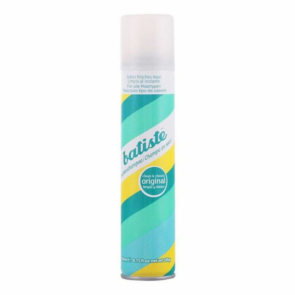 Flacone spray cilindrico di shampoo secco. Scritte: Batiste, Original, Dry Shampoo. Colori: turchese, giallo e bianco.