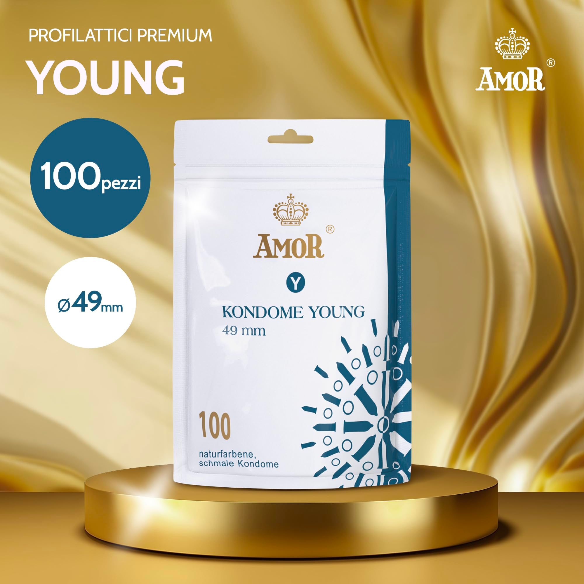 Confezione da 100 preservativi Amor Young, 49mm, colore naturale, sottili.