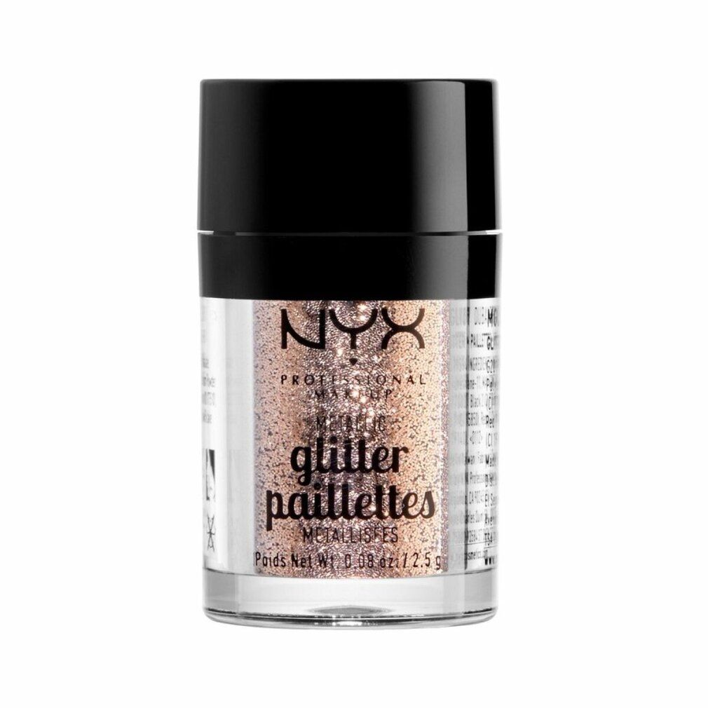 Contenitore trasparente di glitter NYX Professional Makeup. Coperchio nero. Glitter dorati. Scritta: Glitter, Pailettes. Peso netto: 0.08 oz/2.5g.