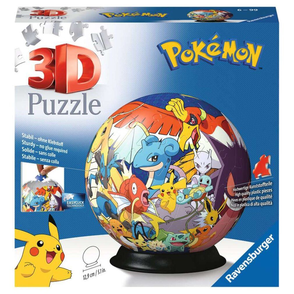 Puzzle 3D-Ball Pokémon, forma sferica, personaggi Pokémon. Confezione con nome e logo del prodotto. Diametro 12,9 cm.