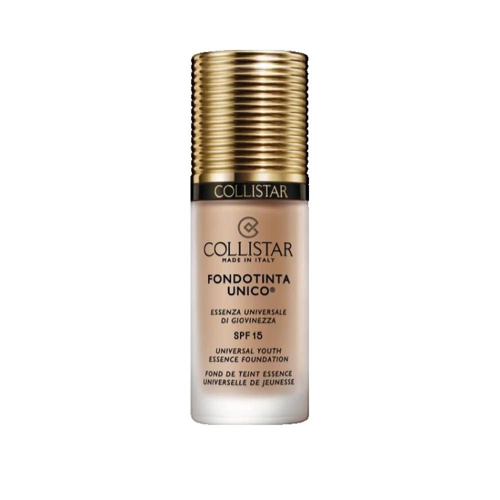 Flacone di fondotinta beige con tappo dorato. Scritta: COLLISTAR, Fondotinta Unico SPF15.