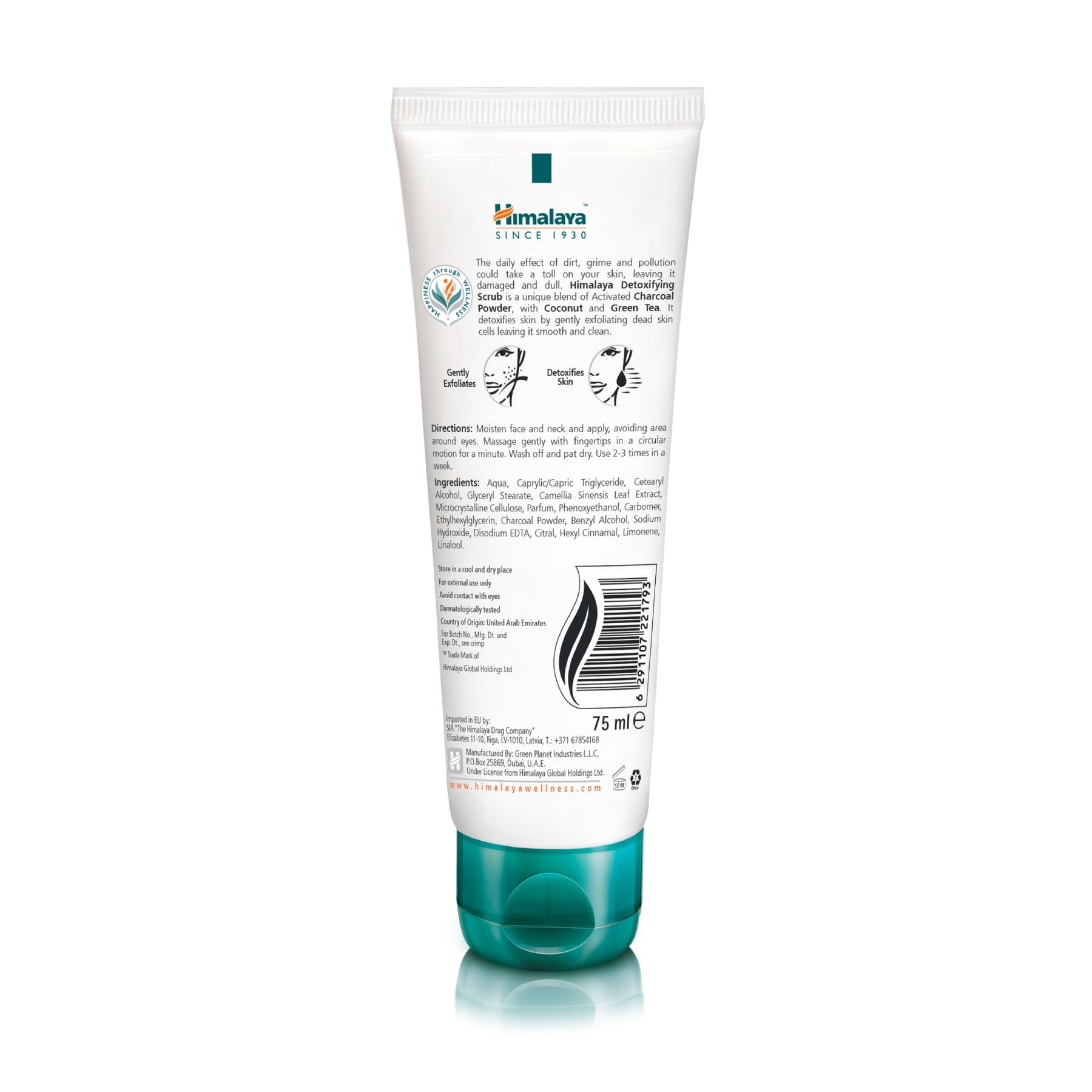 Tubo Himalaya Detoxifying Charcoal Scrub, 75 ml. Mostra carbone attivo e tè verde.