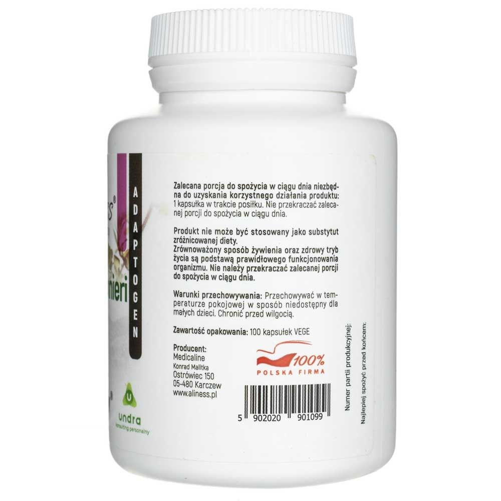 Retro di un flacone di capsule bianco con istruzioni di conservazione e informazioni del produttore per Aliness Bacopa monnieri estratto 50%.