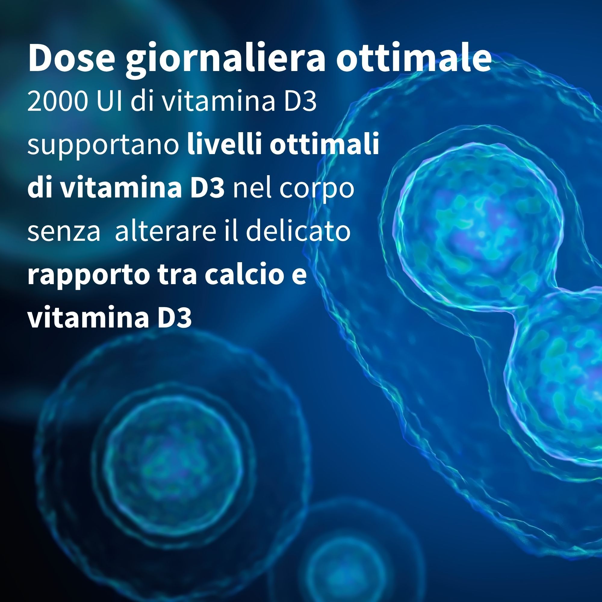 Immagine blu con strutture cellulari. Testo: Dose giornaliera ottimale di 2000 UI di vitamina D3.