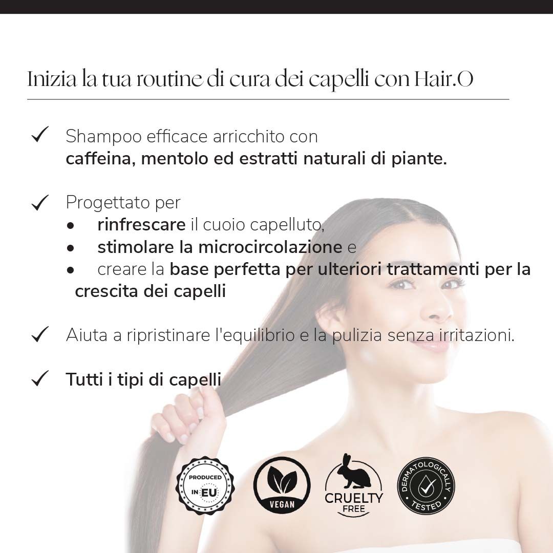 Testo su sfondo bianco. Contiene informazioni sullo shampoo. Vegano, Cruelty Free e dermatologicamente testato.