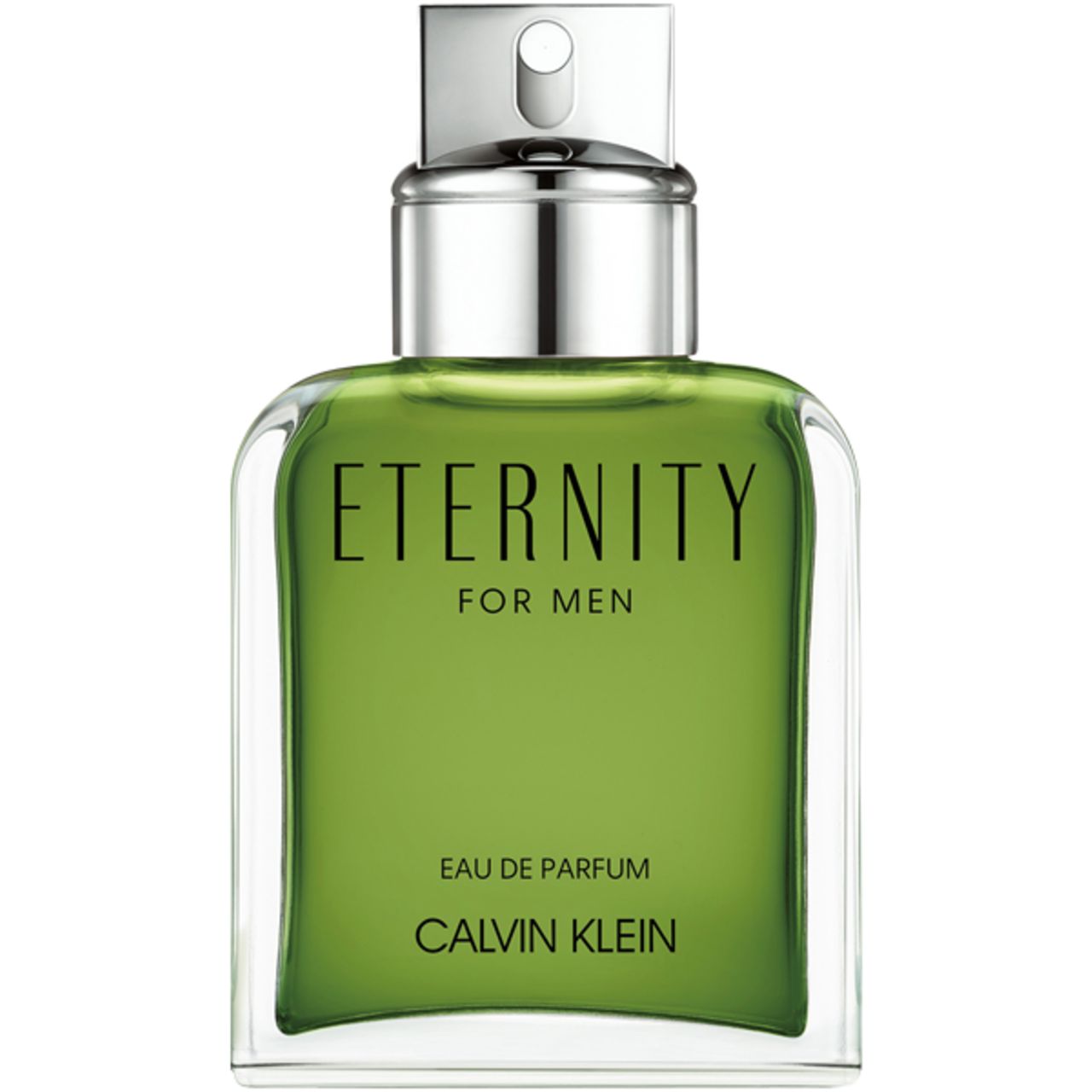 Flacone di profumo verde con tappo argentato. Scritta: Eternity for Men, Eau de Parfum, Calvin Klein.