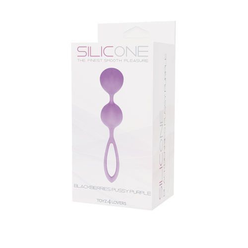 Confezione con palle di Kegel viola. Scritta: SILICONE, BLACKBERRIES PUSSY PURPLE, TOYZ4LOVERS.