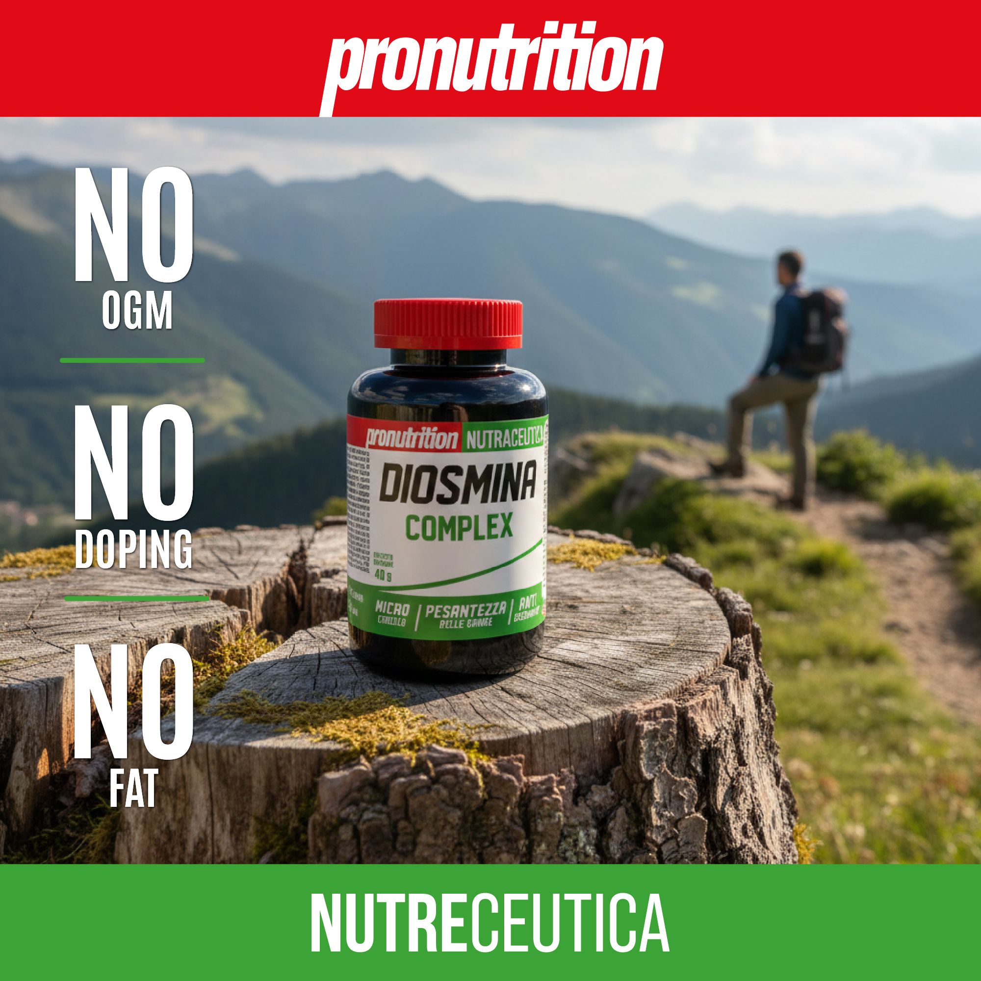 Pronutrition Diosmina Complex: contenitore con tappo rosso su un ceppo d'albero in montagna.