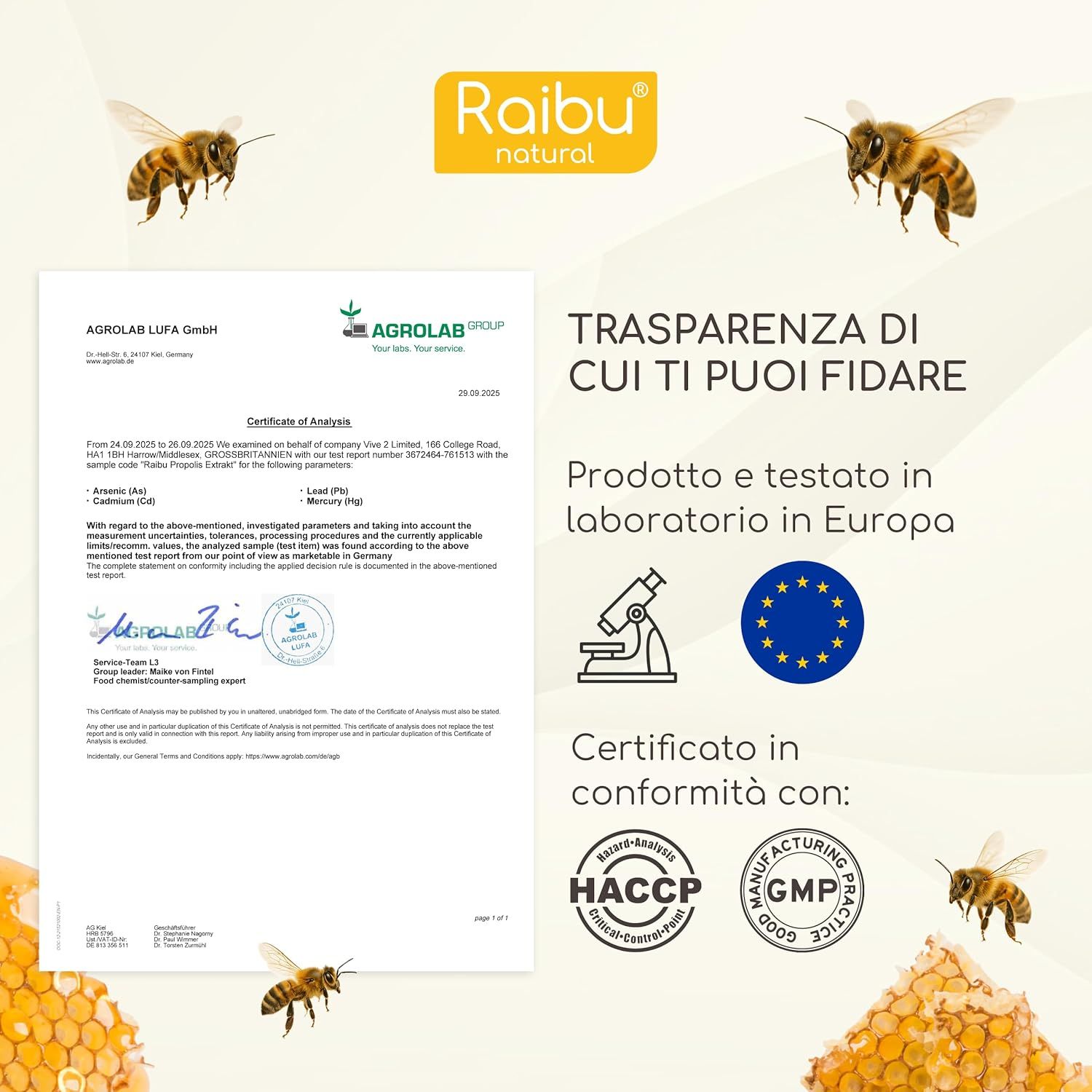 Documenti di certificazione e loghi. Api e favi. Testo: Trasparenza di cui ti puoi fidare.