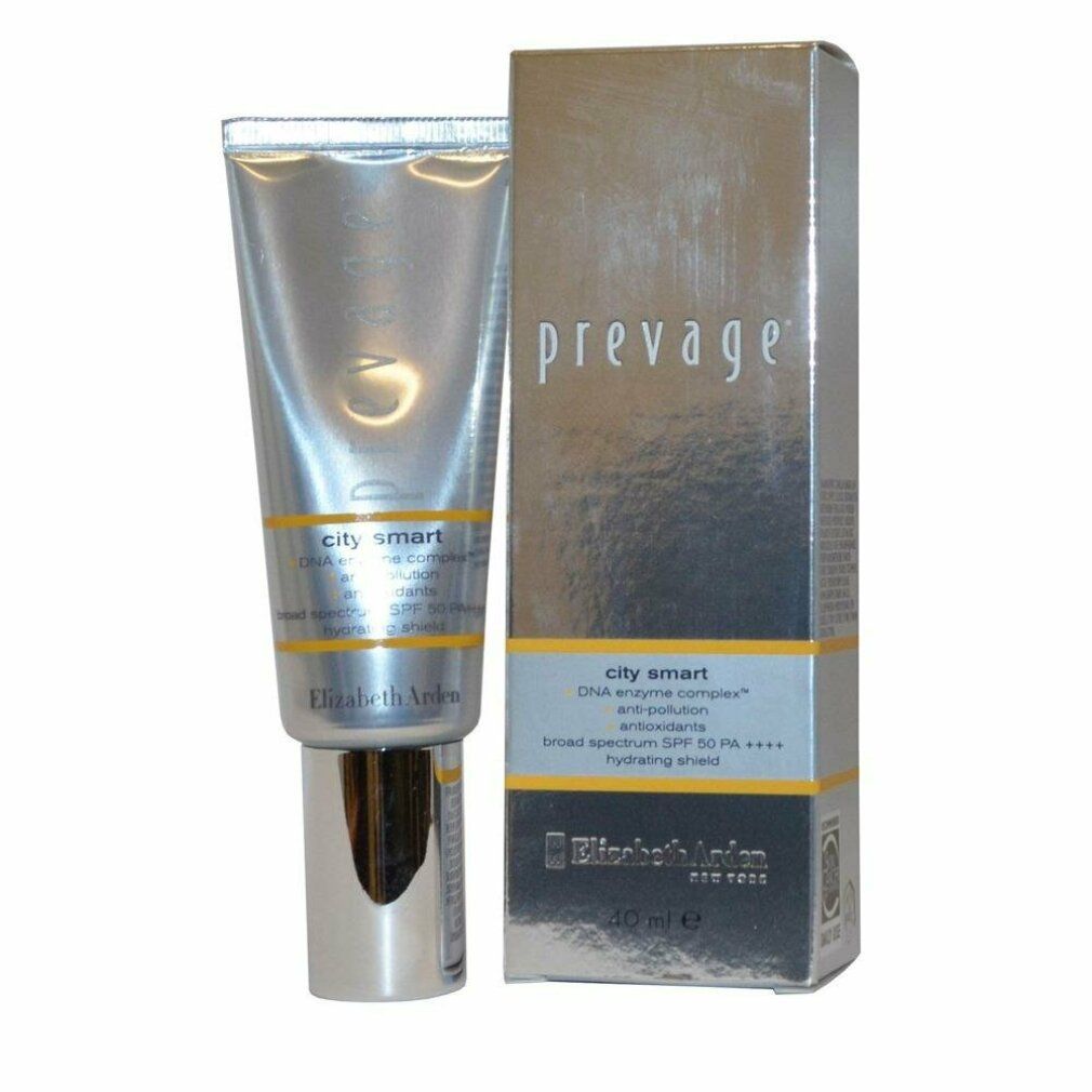 Tubo e scatola argentati Elizabeth Arden Prevage City Smart SPF 50. Testo: City Smart, DNA Enzyme Complex, Anti-pollution.