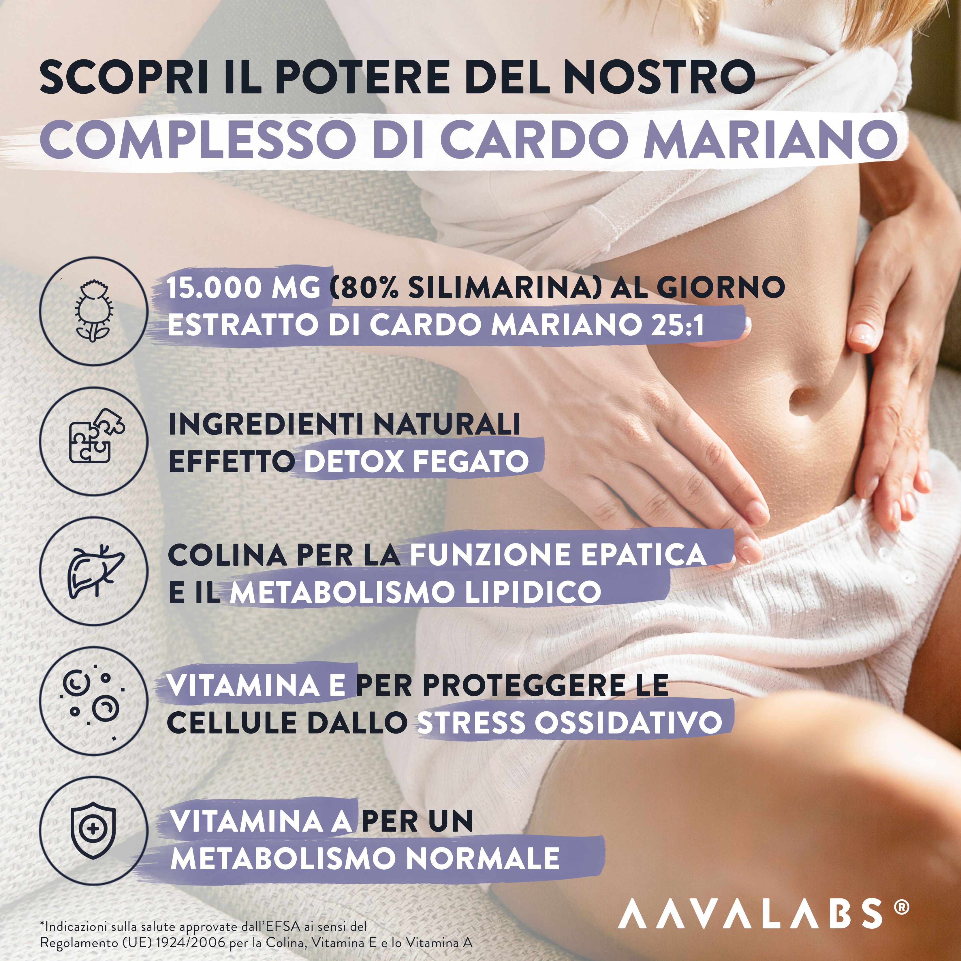 Illustrazione di una donna che si tocca la pancia. Informazioni su ingredienti e benefici. Marchio: Aavalabs.