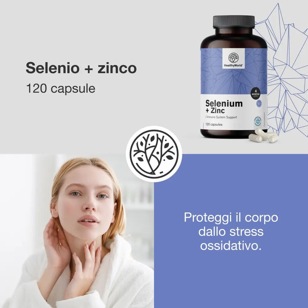 Donna in accappatoio. Flacone con capsule. Scritta: Selenio + zinco, 120 capsule.