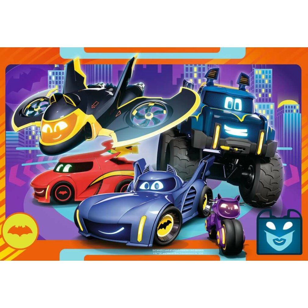 Puzzle con auto dei fumetti. Vengono mostrati un aereo, un monster truck, un'auto e una moto.