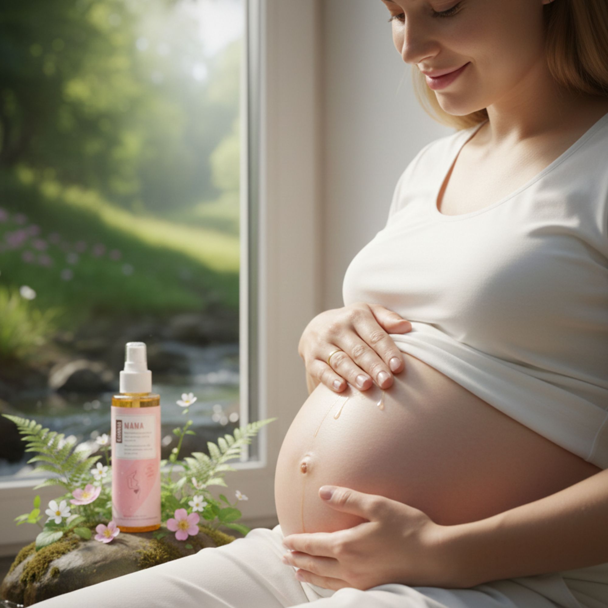 Donna incinta che si tiene la pancia. Flacone d'olio con vaporizzatore accanto. Etichetta rosa con testo.